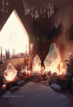 a room filled with lots of candles and rocks