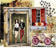 two people standing in front of a door with a bicycle next to it and flowers on the window sill