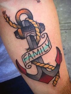 an anchor with a rope and name tattoo on the arm, which is also attached to another