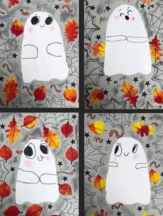 four pictures of ghost faces with leaves and stars on the background, one is made out of paper