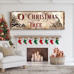 a christmas tree with stockings and stockings hanging on the mantle in front of a fireplace