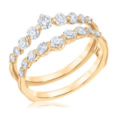 two gold wedding bands with white diamonds on each band, set in 18k yellow gold