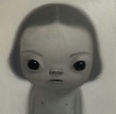 a painting of an alien girl with black eyes