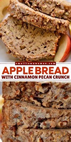 apple bread with cinnamon pecan crunch is cut in half and stacked on top of each other