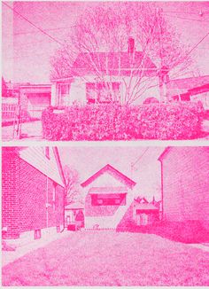 an old and new house in the same photo, with pink tinted images above them