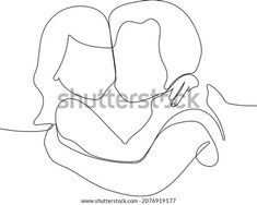 continuous line drawing of two people hugging each other, one is holding the other's head