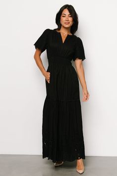 Step into timeless elegance with our Annette Eyelet Maxi Dress, a versatile choice for semi-casual occasions. Crafted from non-stretch woven fabric with delicate embroidered details, its flattering silhouette and bump-friendly design ensure you'll make a chic statement wherever you go. Dresses That Hide Apron Belly, Long Black Dress With Sleeves, Casual Fall Dress, Black Wedding Guest Dresses, Eyelet Maxi Dress, Party Things, Black Ruffle Dress, Semi Casual, Baltic Born