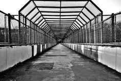 black and white photograph of a long walkway with lots of fences on both sides that lead to the other side