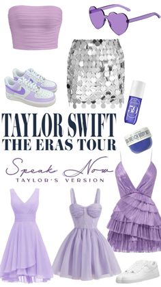 taylor swift the eras tour poster with purple dresses, shoes, and sunglasses on it