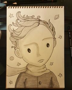 a drawing of a boy with stars on his head and scarf around his neck is shown