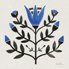 a blue flower with black leaves on a white background, painted in watercolor and ink