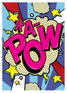 a pop art poster with the word pow on it's face and stars in the background