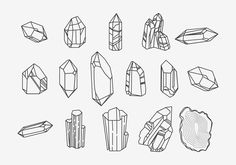 a set of different shapes and sizes of crystals on a white background with black lines