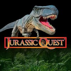 an image of a dinosaur with its mouth open and the words jurasic quest on it