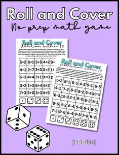 roll and cover math game with two dices on the side, one is missing