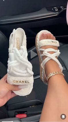 Sandals Chanel, Pretty Sneakers, Pretty Sandals, Trendy Shoes Sneakers, Shoes Outfit Fashion, Chanel Sandals, Cute Nike Shoes