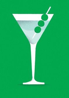 an illustration of a martini glass with olives on the rim and a green background