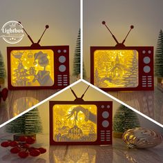 three different views of an old tv with christmas decorations on the front and back sides