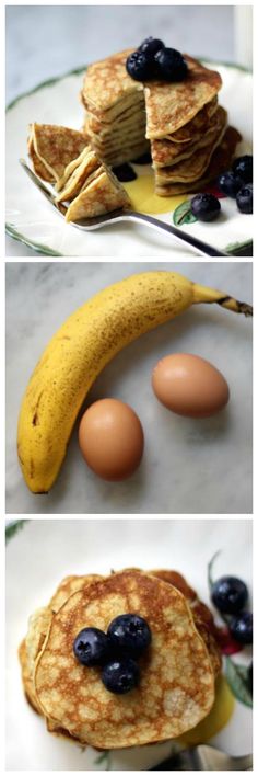 pancakes with blueberries and bananas on them are arranged in the shape of a face