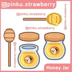 a pink and white poster with honey jars