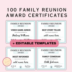 the family reunion award certificate is shown in four different colors and font, along with an additional