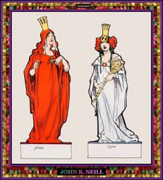 an image of two women dressed in medieval clothing and one wearing a crown, standing next to each other