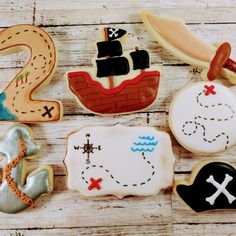 Pirate ship, anchors, maps, swords Pirate Cookies, Shipping Cookies, Pirate Themed Birthday, 3rd Birthday Cakes, Cookies For Kids, Sugar Cookie Designs