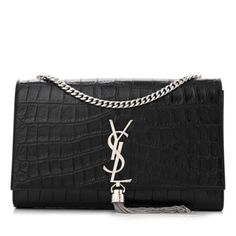 Saint Laurent Calfskin Crocodile Embossed Small Classic Monogram Kate Tassel Satchel Black Quilted Toys, Kate Bags, Classic Monogram, Ysl Logo, Baby Monogram, Yves Saint Laurent Bags, Saint Laurent Bag, Wallet Chain, Leather Patches