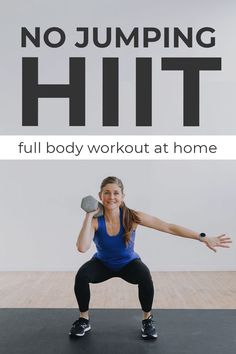 a woman squats on a yoga mat with the words beginer hit above her