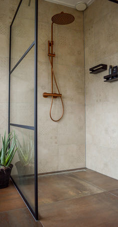 a bathroom with a shower head and plants in the corner