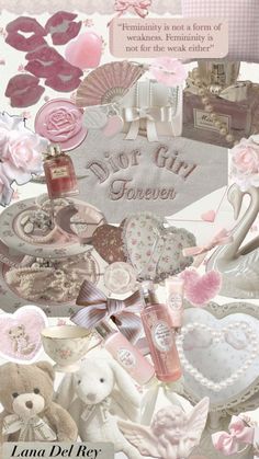 a collage of teddy bears, roses and other items in pastel pinks