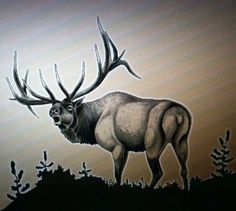 a drawing of an elk standing on top of a hill