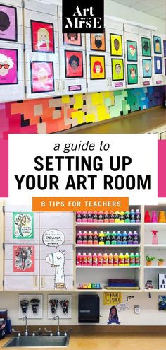 Colorful image of a student artwork display wall and a supplies organization area in an art room. Teaching Art Elementary, Art Classroom Organization, Art Classroom Management, Classe D'art, Art Teacher Resources, Elementary Art Rooms, Friends First