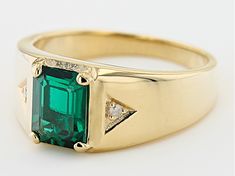 1.91ct Rectangular Octagonal Lab Created Emerald And 0.03ctw Diamond Accent 18k Yellow Gold Over Sterling Silver Men's Ring. Measures Approximately 0.62"L x 0.39"W. Not Sizeable. Emerald Green Male Ring, Emerald Ring Gold, Sterling Silver Mens Rings, Lab Created Emerald, Green Gems, Mens Silver Rings, Mens Ring, Sterling Silver Mens, Emerald Gemstone