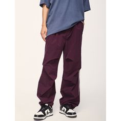 Loose Retro Color-Block Sports Wide-Leg Pants Material: 100%Polyester Size: S, M, L, XL Color: Navy Blue, Purple Applicable Scene: Leisure, Daily, Vacation Baggy Solid Color Sports Pants, Solid Baggy Sporty Cargo Pants, Casual Baggy Long Pants Activewear, Casual Solid Color Baggy Activewear, Casual Baggy Solid Activewear, Purple Wide Leg Bottoms For Streetwear, Cotton Wide-leg Sports Pants, Sportswear Wide Leg Parachute Pants With Pockets, Baggy Wide-leg Sports Pants