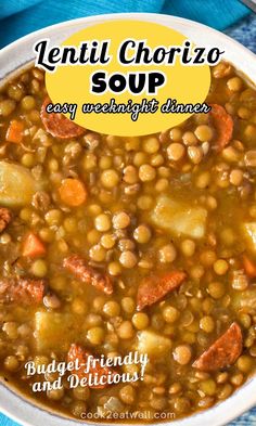 This hearty lentil chorizo soup is a great fall soup recipe! Packed with smoky chorizo, protein-rich lentils, and veggies, it’s a filling meal with bold flavors. Get the recipe now! Lentil Chorizo, Chorizo Soup Recipes, Chorizo Soup, Chorizo Recipes, Dinner Rotation, Carrots Celery