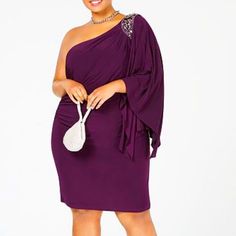 BRAND NEW Manufacturer: Morgan & Co. Size: 22W Size Origin: US Manufacturer Color: Purple Style Type: Cocktail and Party Dress Sleeve Length: One Shoulder Closure: Hidden Back Zipper Material: 95% Polyester/5%Spandex Fabric Type: Polyester Specialty: Embellished #SD805713 Formal Dress Plus Size, Party Dresses With Sleeves, Purple Style, Dress Sleeve Length, Formal Dresses For Women, Colorful Party, Purple Fashion, Dresses Women, Dress Plus Size