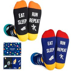 Funny Running SocksThe soles of these socks feature funny sayings such as "EAT SLEEP RUN REPEAT." Additionally, they feature running shoes, water bottles, watches, and headphones, all in black.Size & PackageOne size fits most. Our men's crazy... Funny Running, Team Socks, Chess Gifts, Gifts For Baseball Players, Running Team, Popcorn Gift, Baseball Socks, Cross Country Running, Running Humor