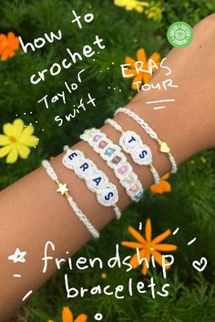 a person's arm with four bracelets that spell out how to crochet