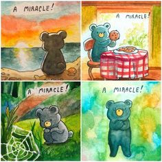 four different pictures with teddy bears sitting at a table and one bear standing on the ground