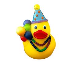 a yellow rubber duck with a party hat and beads