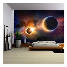 an image of a bedroom scene with the moon and two planets in outer space wall mural