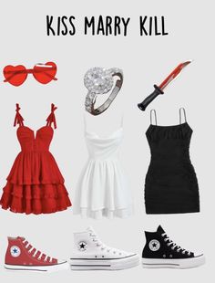 four different types of clothes and shoes with the words kiss mary kill