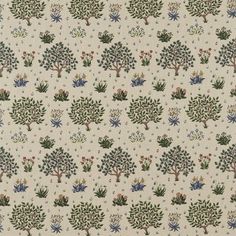 an old wallpaper with trees and flowers on white background, as well as blue berries