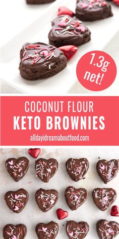 coconut floured keto brownies with chocolate hearts and sprinkles on top