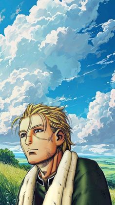 a young man with blonde hair and green shirt standing in front of a blue cloudy sky