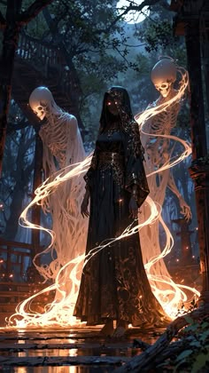 a woman standing in the middle of a forest with two skeletons behind her on fire