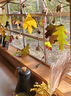 a window sill with autumn leaves hanging from it