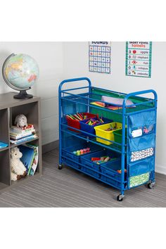 a child's storage cart in a playroom