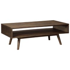 a wooden coffee table with two shelves on one side and an open shelf on the other